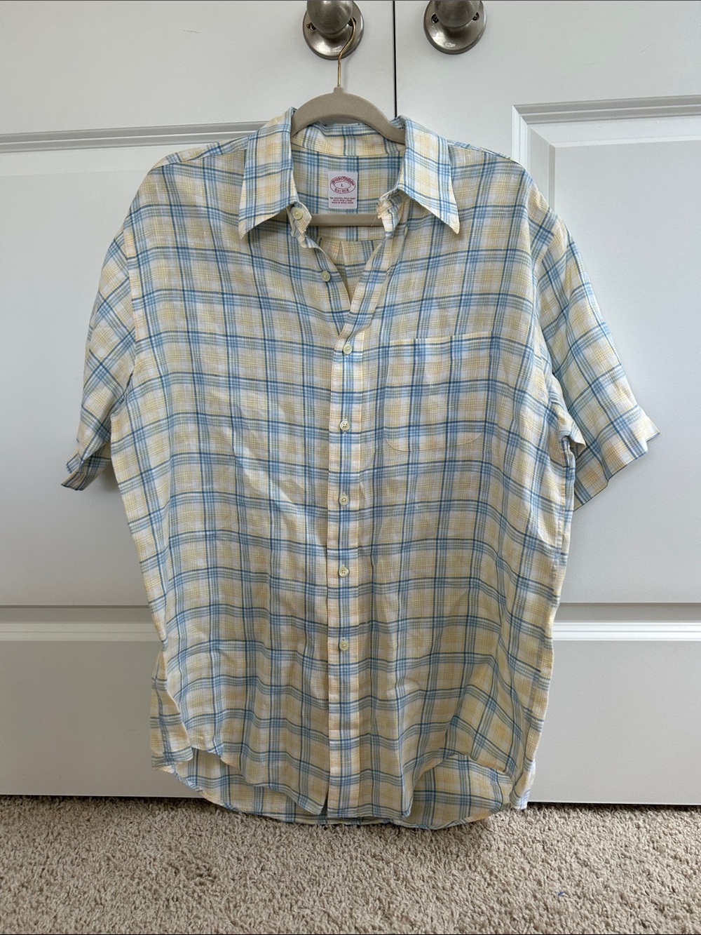 NWOT Men's Brooks Brothers Irish Linen Short Sleeve Plaid Button-Up Shirt L